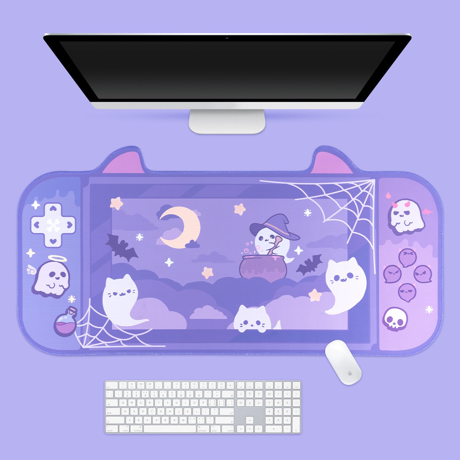 Ghost Large Mouse Pad Ins Cute Game Oversized Wristband Pad displayed under a monitor with keyboard and mouse, showcasing full desk coverage.